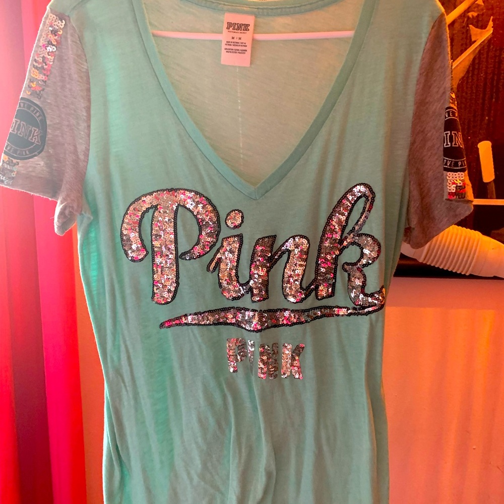 Pink brand Mint green t -shirt with silver Sequinned logo on the front